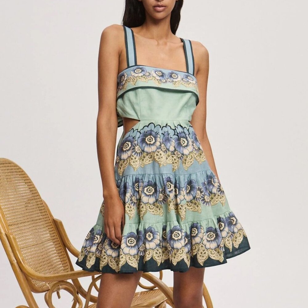 Alemais Madalena Cut Out Mini Dress Floral Green Linen Size US 12 NEW